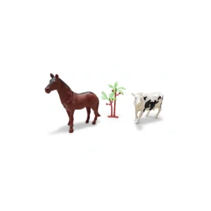 Kit Animais da Fazenda - Cavalo Marrom + Vaca Malhada + Coqueiro